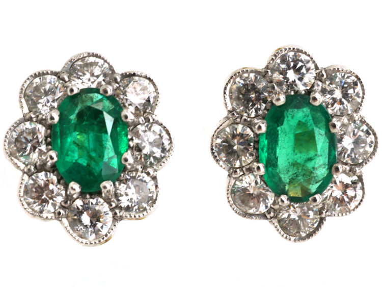 18ct White & Yellow Gold, Emerald & Diamond Oval Cluster Earrings
