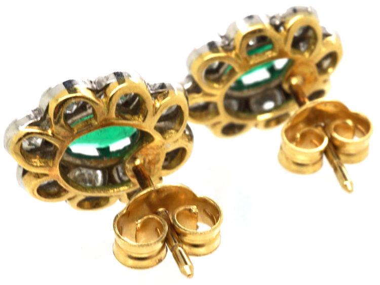 18ct White & Yellow Gold, Emerald & Diamond Oval Cluster Earrings
