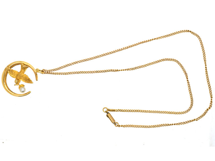 Edwardian 15ct Gold Swallow & Harvest Moon Pendant on 9ct Gold Chain