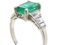 Art Deco 18ct White Gold, Emerald & Diamond Step Cut Ring