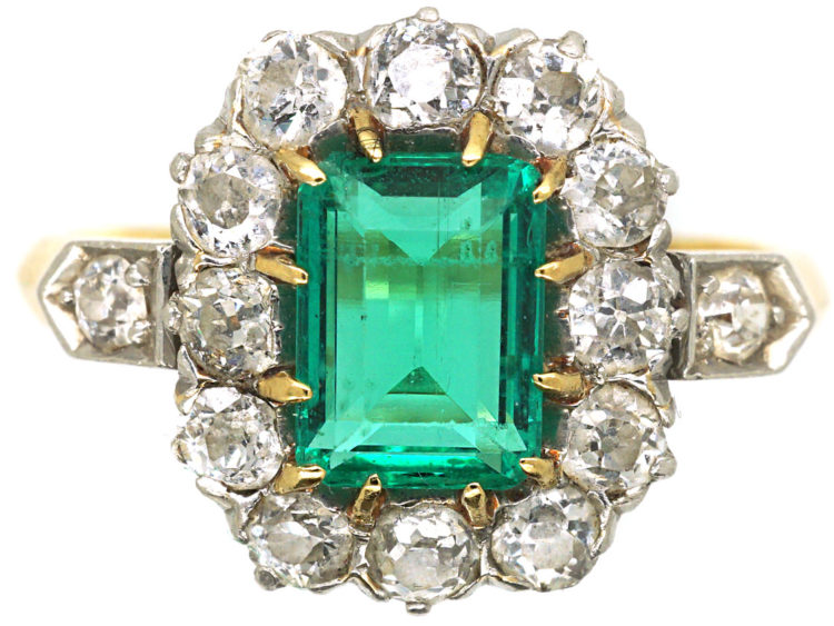 Edwardian 18ct Gold Emerald & Diamond Rectangular Cluster Ring with Diamond Set Shoulders