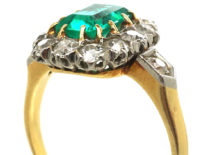 Edwardian 18ct Gold Emerald & Diamond Rectangular Cluster Ring with Diamond Set Shoulders