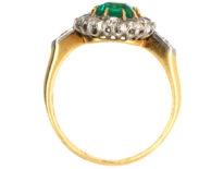 Edwardian 18ct Gold Emerald & Diamond Rectangular Cluster Ring with Diamond Set Shoulders