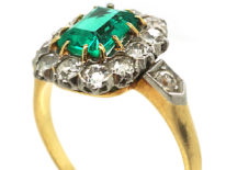 Edwardian 18ct Gold Emerald & Diamond Rectangular Cluster Ring with Diamond Set Shoulders