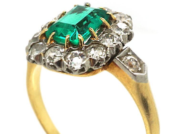 Edwardian 18ct Gold Emerald & Diamond Rectangular Cluster Ring with Diamond Set Shoulders