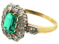 Edwardian 18ct Gold Emerald & Diamond Rectangular Cluster Ring with Diamond Set Shoulders