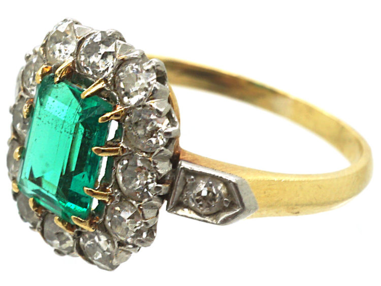 Edwardian 18ct Gold Emerald & Diamond Rectangular Cluster Ring with Diamond Set Shoulders