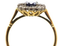 18ct Gold Sapphire & Diamond Oval Cluster Ring with Baguette Diamonds on Either Side