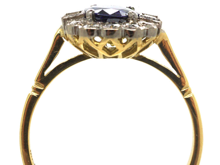 18ct Gold Sapphire & Diamond Oval Cluster Ring with Baguette Diamonds on Either Side