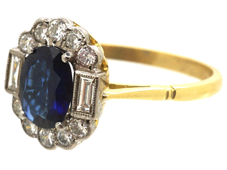 18ct Gold Sapphire & Diamond Oval Cluster Ring with Baguette Diamonds on Either Side