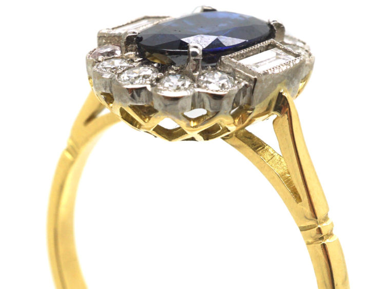 18ct Gold Sapphire & Diamond Oval Cluster Ring with Baguette Diamonds on Either Side