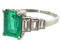 Art Deco 18ct White Gold, Emerald & Diamond Step Cut Ring