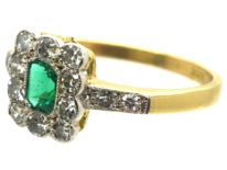 Art Deco 18ct Gold & Platinum Rectangular Ring set with an Emerald & Diamond with Diamond Set Shoulders
