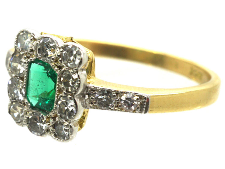 Art Deco 18ct Gold & Platinum Rectangular Ring set with an Emerald & Diamond with Diamond Set Shoulders
