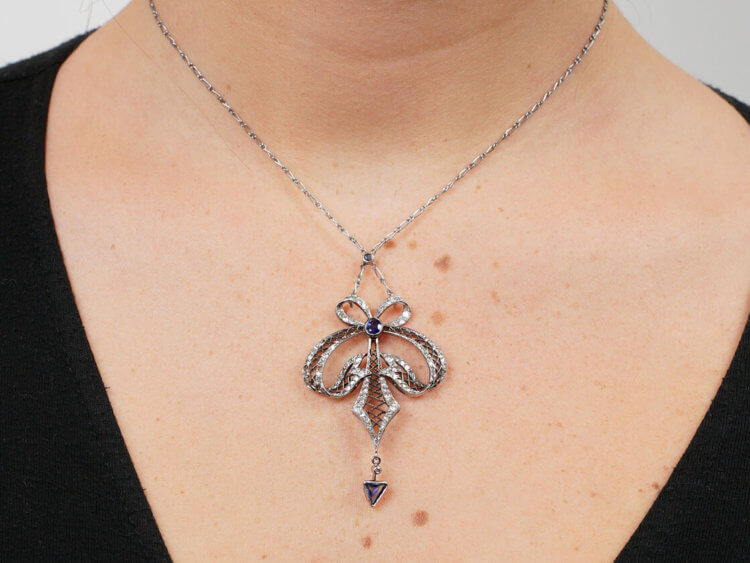 Art Deco Platinum, Sapphire & Diamond Bow Design Pendant on Platinum Chain