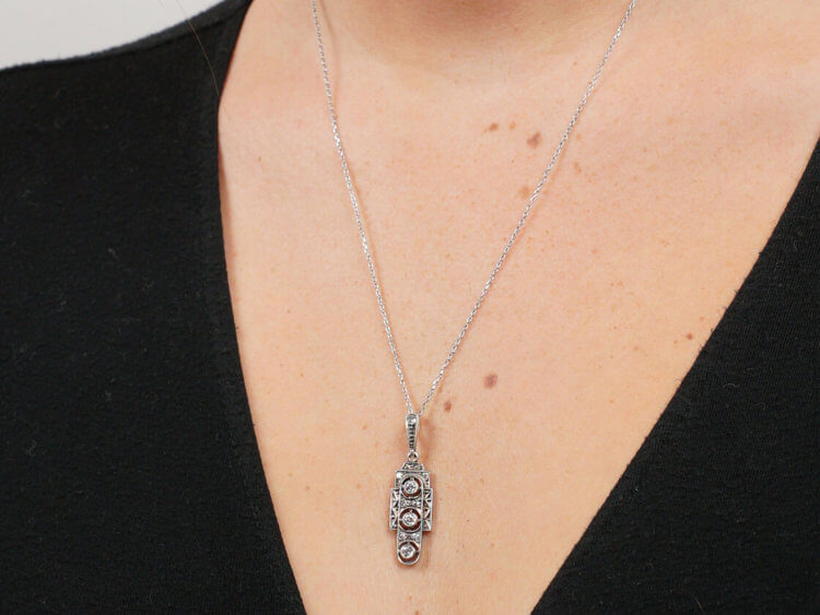 Art Deco 14ct White Gold Pendant Set With Diamonds on a Silver Chain