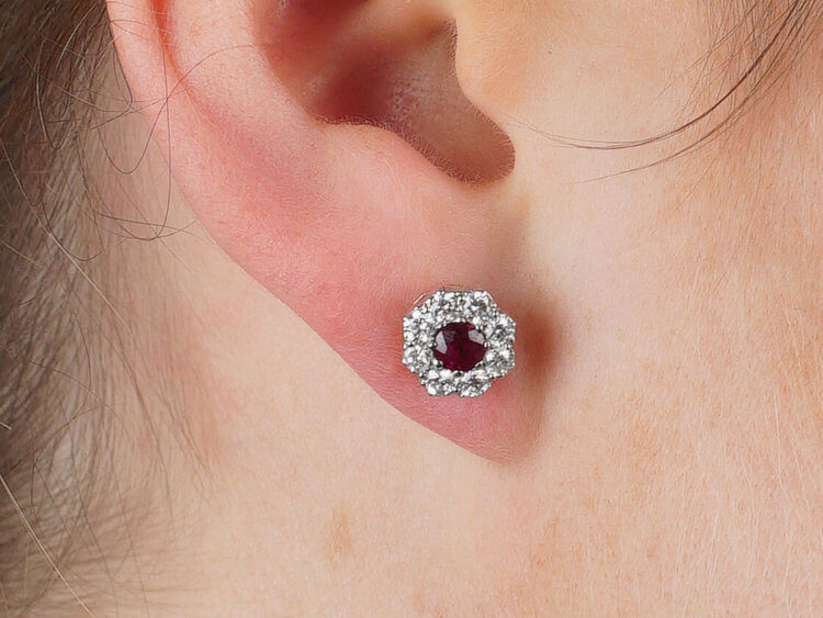 18ct White & Yellow Gold, Ruby & Diamond Cluster Earrings