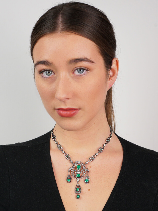 Edwardian Silver & Green & White Paste Necklace