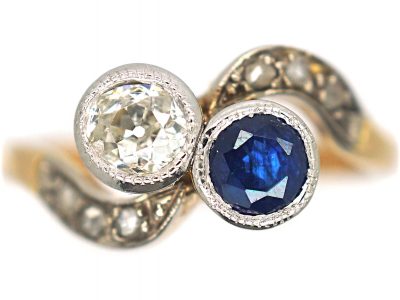 Edwardian 18ct Gold & Platinum, Sapphire & Diamond Crossover Ring