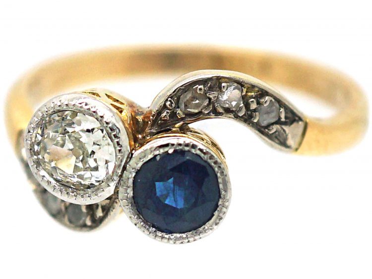 Edwardian 18ct Gold & Platinum, Sapphire & Diamond Crossover Ring