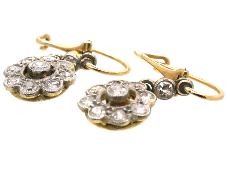 Edwardian 18ct Gold & Platinum Diamond Cluster Drop Earrings