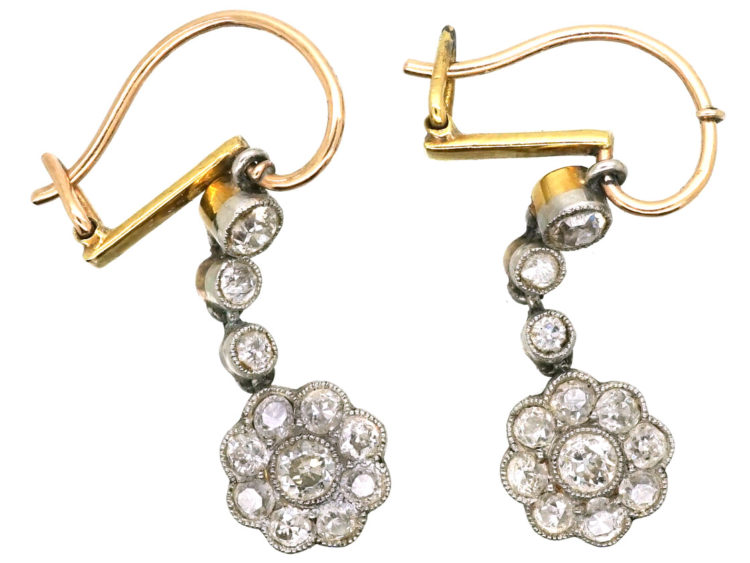 Edwardian 18ct Gold & Platinum Diamond Cluster Drop Earrings