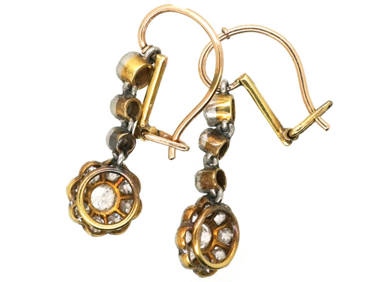 Edwardian 18ct Gold & Platinum Diamond Cluster Drop Earrings