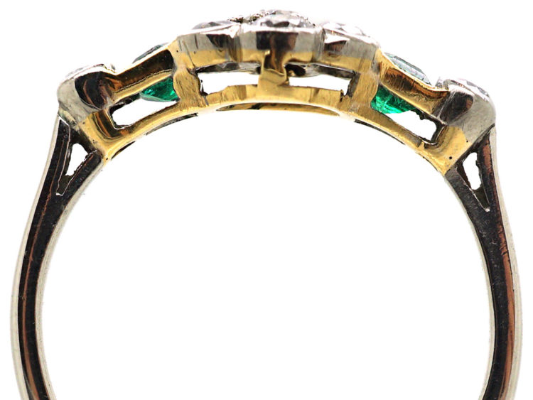 Art Deco Platinum, Diamond Cluster Ring With Diamond & Emerald Shoulders