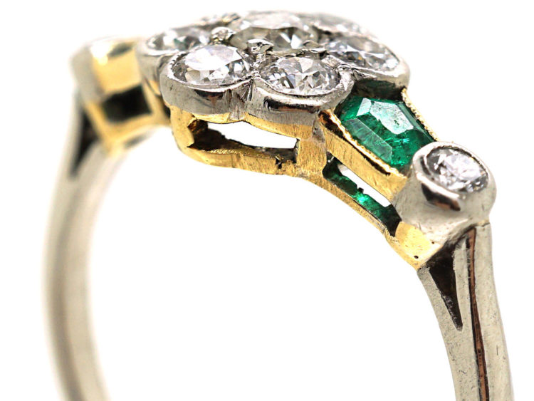 Art Deco Platinum, Diamond Cluster Ring With Diamond & Emerald Shoulders