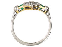 Art Deco Platinum, Diamond Cluster Ring With Diamond & Emerald Shoulders
