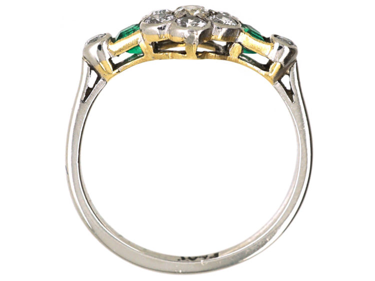 Art Deco Platinum, Diamond Cluster Ring With Diamond & Emerald Shoulders