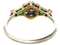 Art Deco Platinum, Diamond Cluster Ring With Diamond & Emerald Shoulders
