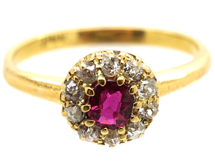 Edwardian 18ct Gold, Ruby & Diamond Cluster Ring