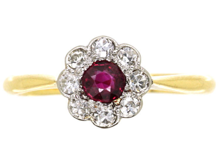 Edwardian 18ct Gold & Platinum, Ruby & Diamond Cluster Ring
