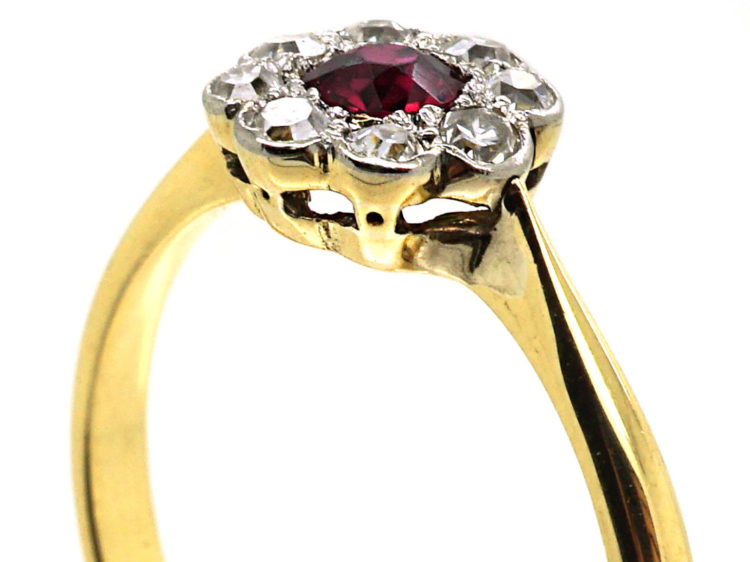 Edwardian 18ct Gold & Platinum, Ruby & Diamond Cluster Ring