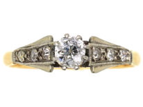 Art Deco 18ct Gold & Platinum, Diamond Solitaire Ring with Diamond Set Shoulders