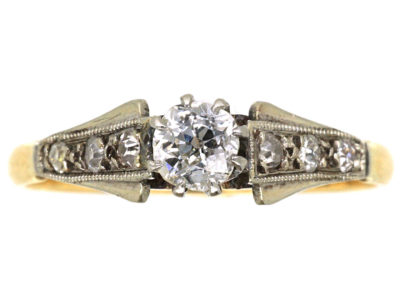 Art Deco 18ct Gold & Platinum, Diamond Solitaire Ring with Diamond Set Shoulders