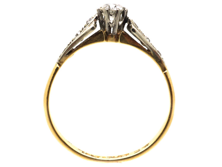 Art Deco 18ct Gold & Platinum, Diamond Solitaire Ring with Diamond Set Shoulders