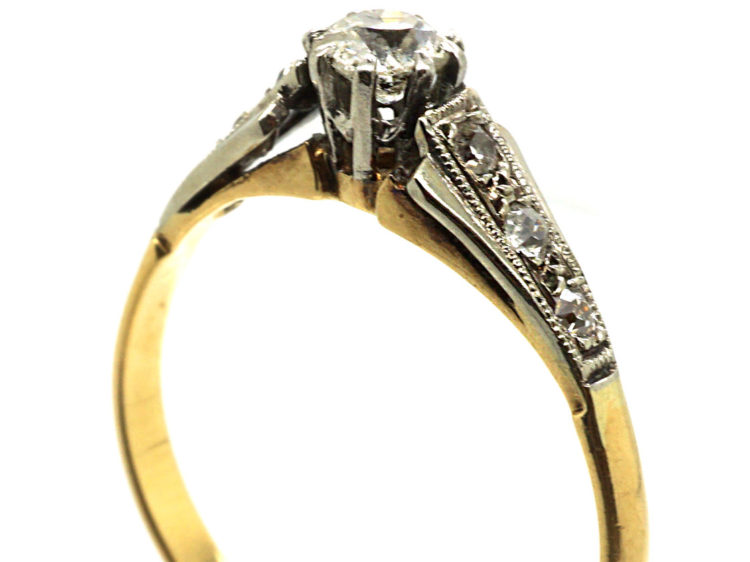 Art Deco 18ct Gold & Platinum, Diamond Solitaire Ring with Diamond Set Shoulders
