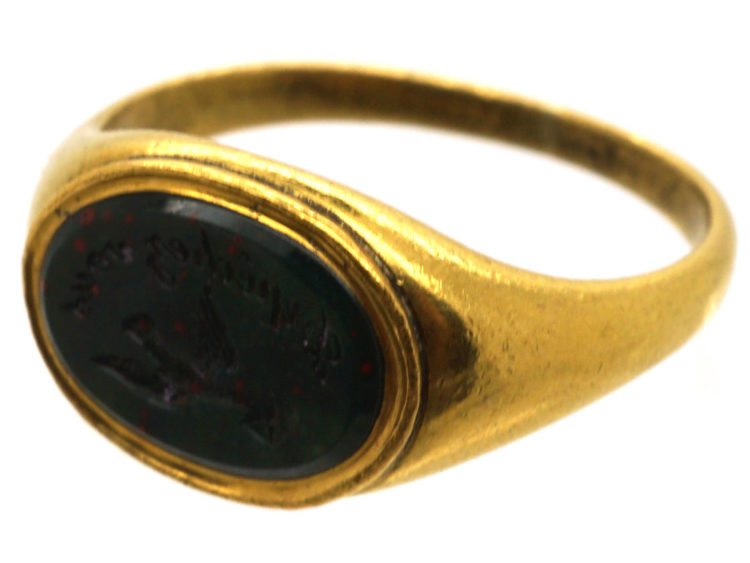 Georgian 18ct Gold Bloodstone Signet Ring with Bird & Envelope Intaglio