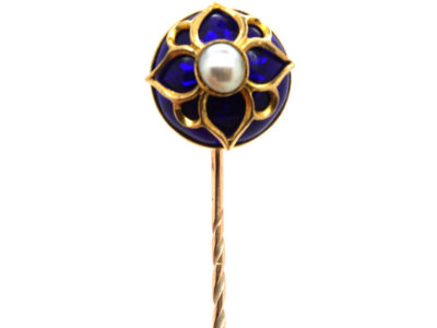 Victorian 18ct Gold, Royal Blue Enamel & Natural Split Pearl Tie Pin Victorian 18ct Gold, Royal Blue Enamel & Natural Split Pearl Tie Pin
