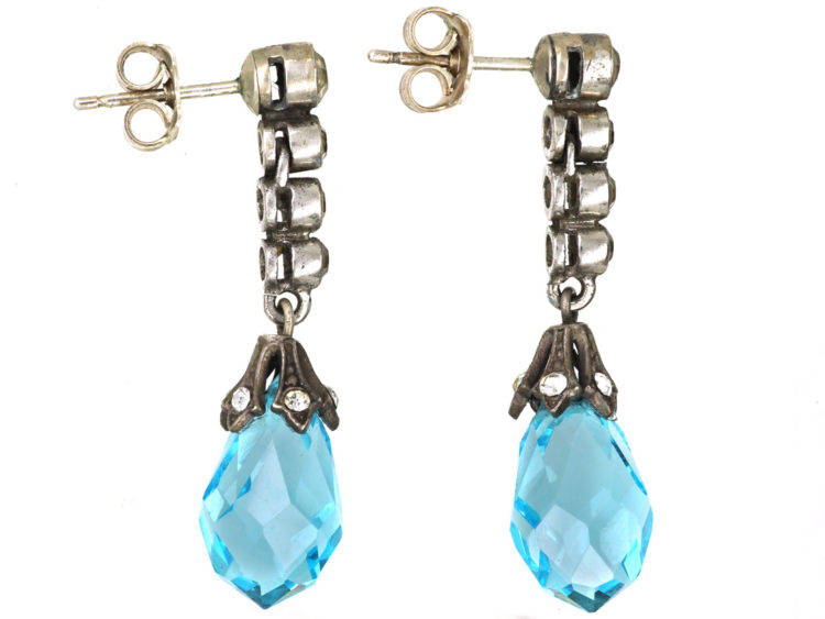 Edwardian Silver, Blue & White Paste Drop Earrings