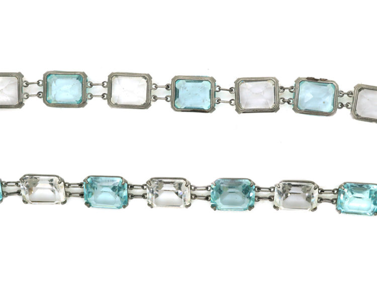 Art Deco Long Silver Chain set with Blue & White Paste