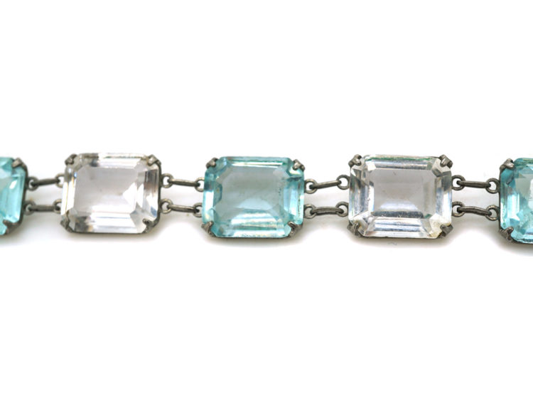 Art Deco Long Silver Chain set with Blue & White Paste