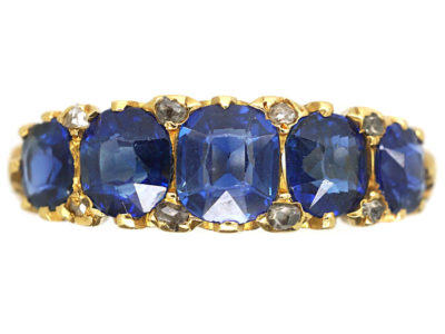 Edwardian 18ct Gold Five Stone Sapphire Carved Half Hoop Ring