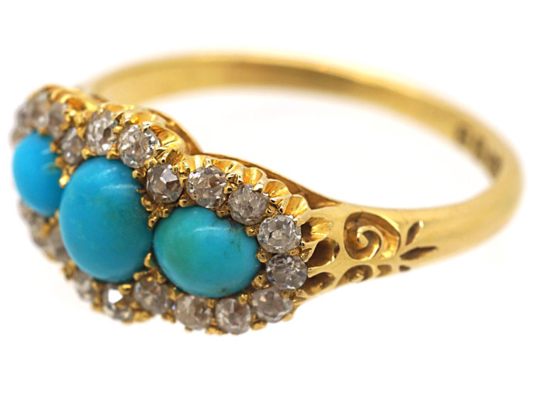 Victorian 18ct Gold Three Stone Turquoise & Diamond Ring