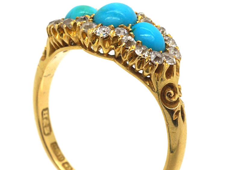 Victorian 18ct Gold Three Stone Turquoise & Diamond Ring