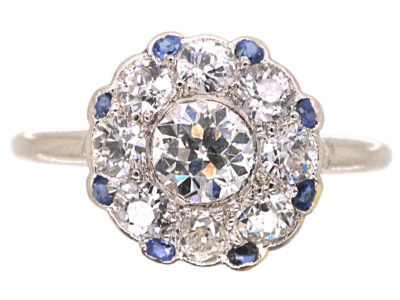Art Deco Platinum, Diamond & Sapphire Round Cluster Ring