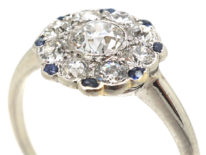 Art Deco Platinum, Diamond & Sapphire Round Cluster Ring