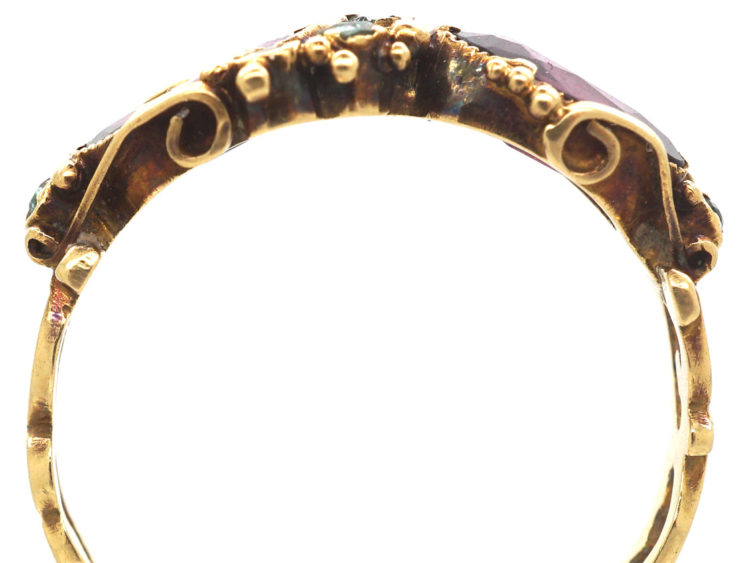 Georgian 15ct Gold, Almandine Garnet & Emerald Crossover Ring